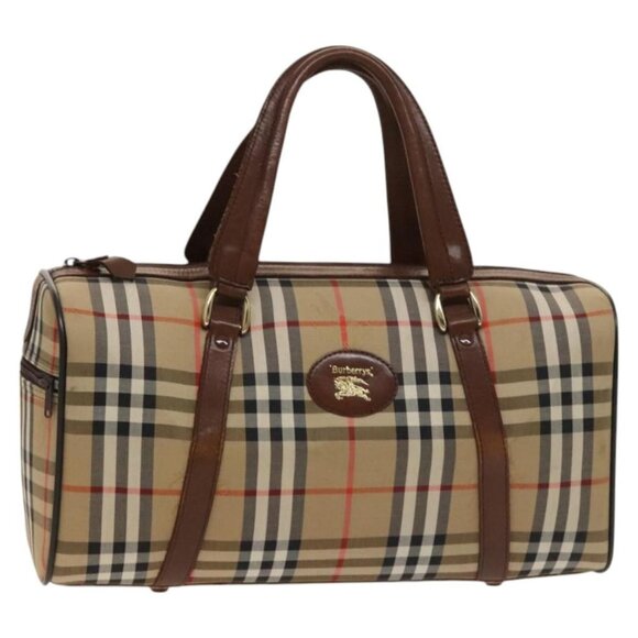 Burberrys Nova Check Boston Bag Canvas Beige Gold Auth - Picture 1 of 16